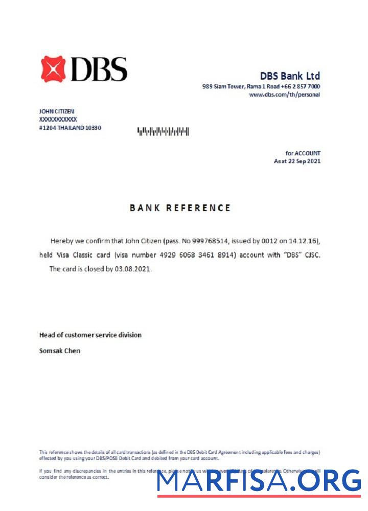 Blank Thailand DBS bank closure reference sample